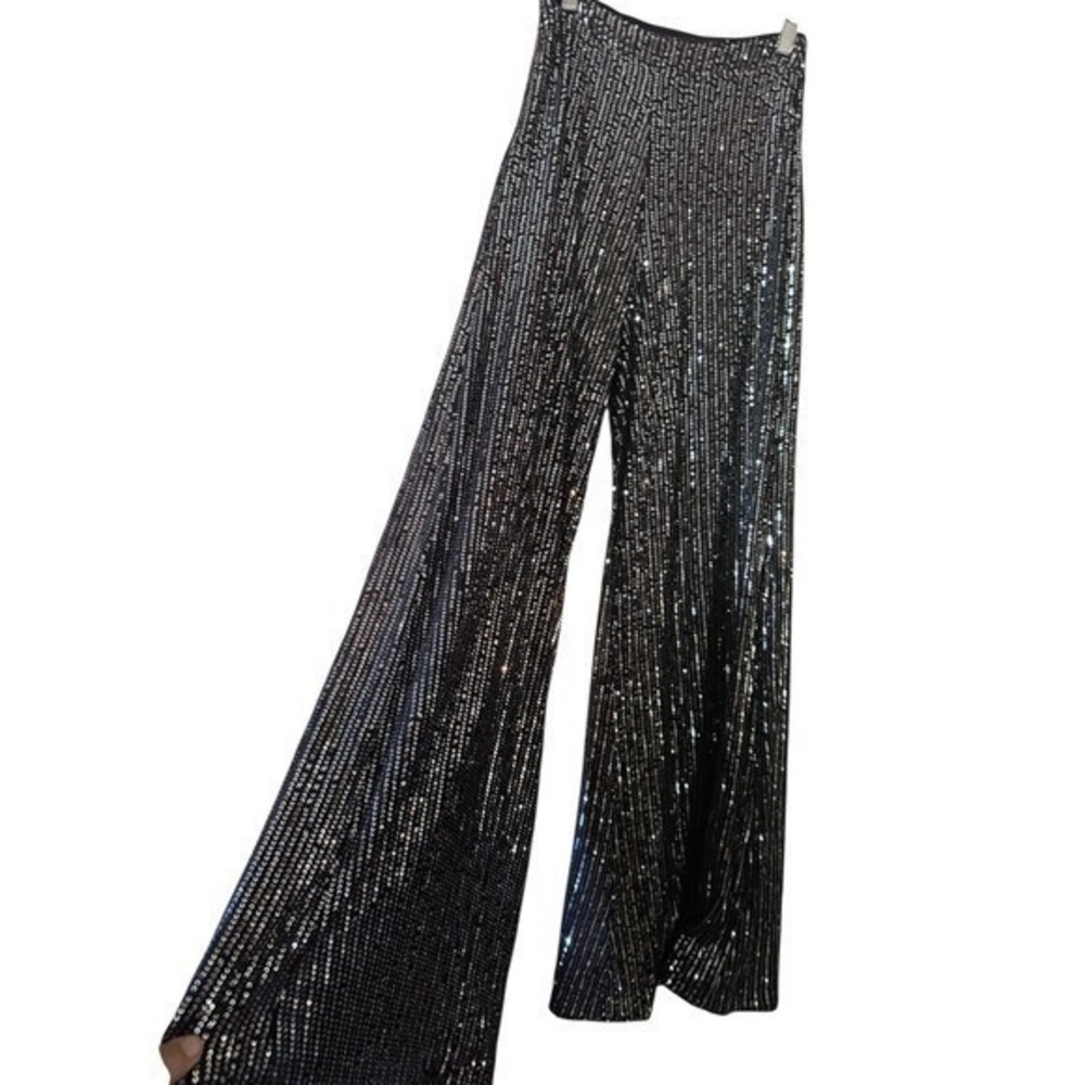 Sequin Wide Leg Pants Small Altard State Party Festival Sparkly Black side zip
